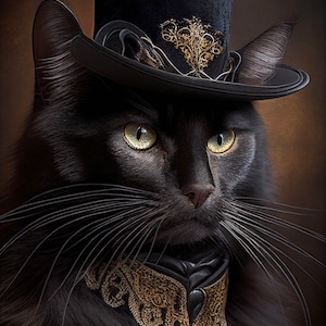 Victorian Gothic Steampunk Animals and Creatures Art, Victorian Black Cat 2 Ai Art, Elegant and Cheeky Home Wall Decor Gift Idea
