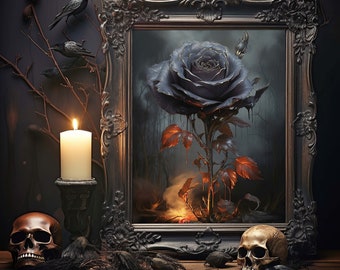 Gothic Victorian Vintage Black Rose Fantasy Art Print, Darkarts Poster Gothic Art, Halloween Digital Download Home decor Gift Idea