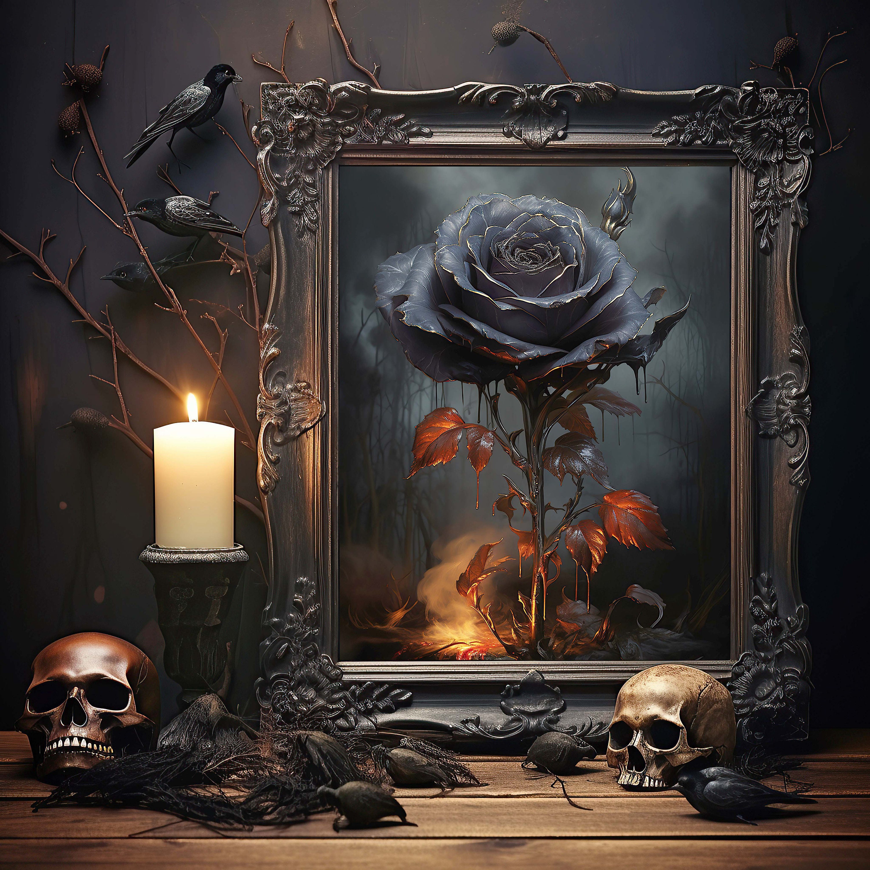 Gothic Victorian Vintage Black Rose Fantasy Art Print, Darkarts