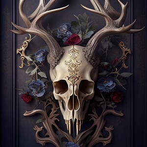 Victorian Gothic Steampunk Skull Art, Victorian Stag Deer Skull Ai Art, Elegant and Cheeky Home Wall Decor Gift Idea