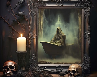 Halloween Ghost sailing in Bathtub Fantasy Art Print, Darkarts Poster Gothic Art, Halloween Digital Download Home decor Gift Idea