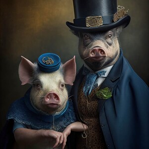 Victorian Gothic Steampunk Animals and Creatures Art, Victorian Pig Couple Ai Art, Elegant and Cheeky Home Wall Decor Gift Idea