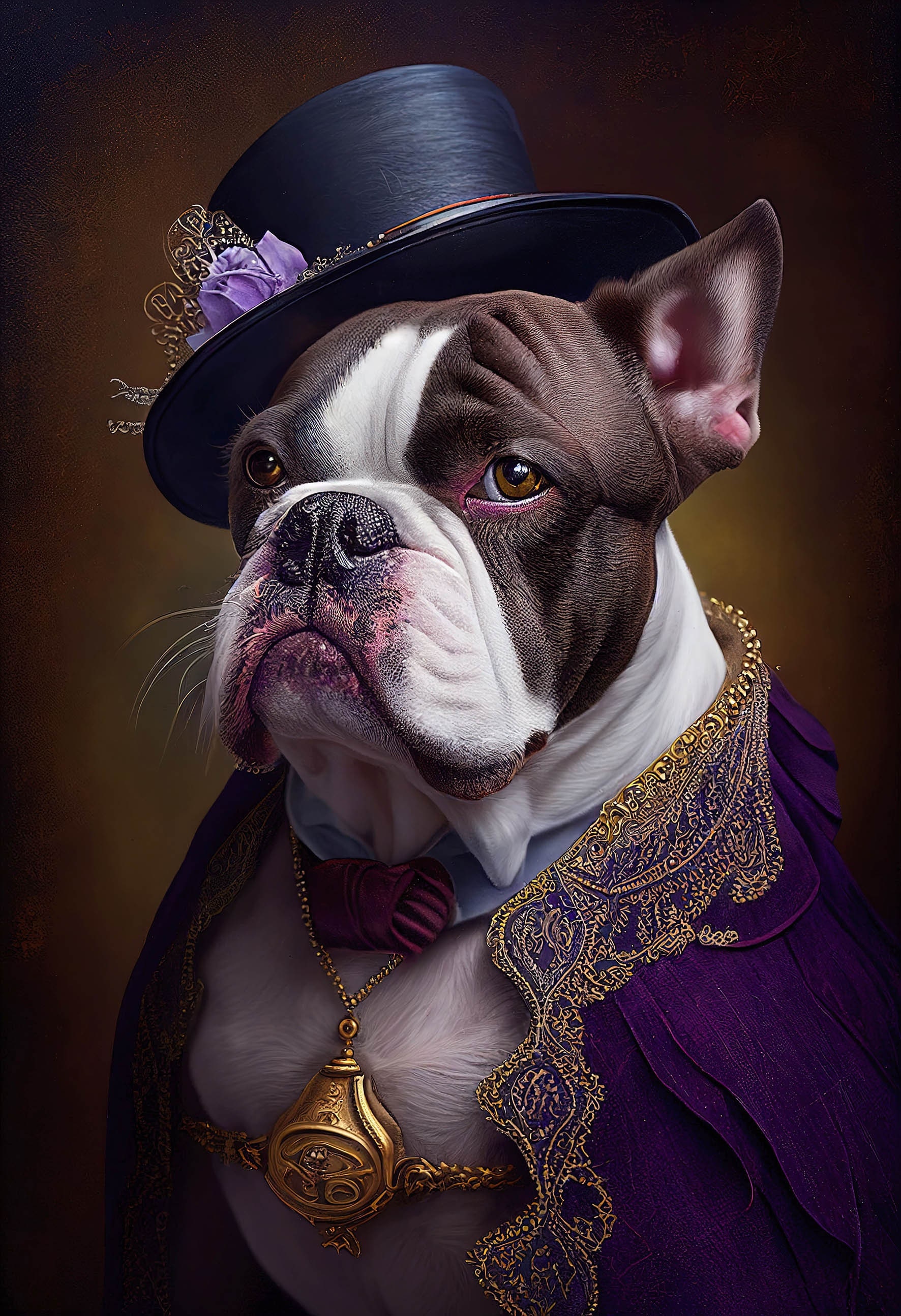 Viktorianische Gothic Steampunk Tiere und Kreaturen, viktorianische Bulldogge Ai Art, elegante und freche Hauswanddekor Geschenkidee