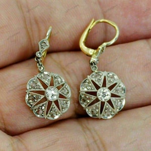 Antique Edwardian Earrings, Floral Lever Back Earrings, Round Cut White Diamond Engagement Earrings, Antique Edwardian Two-Tone Earrings