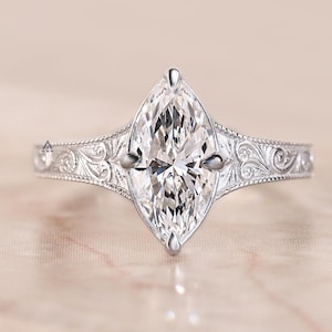 14K massief gouden trouwring met gespleten band, verlovingsring met briljantslijpsel en laboratoriumgekweekte diamant, antieke verlovingsring met textuur voor vrouwen