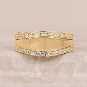 Triple Band 14K Yellow Gold Wedding Band, Pave Band Round Cut Lab Grown Diamond Stackable, Unique Wedding Anniversary Gift Ring For Women