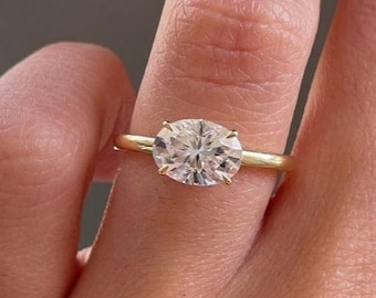 2 CT Oval East To West Ring, 10K/14K/18K Solid Gold Ring, Oval Cut Colorless Moissanite Engagement Ring, Oval Cut Solitaire Wedding Ring