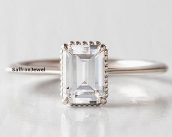 2.5 CT Emerald Cut Colorless Moissanite Engagement Ring, Bubble's Halo Ring, Solitaire Wedding Ring, 14K Solid White Gold Emerald Cut Ring