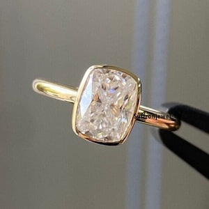 3 CT Elongated Cushion Cut Colorless Engagement Ring, Bezel Set Moissanite Ring, 14K Solid Yellow Gold Wedding Ring, Cushion Solitaire Ring