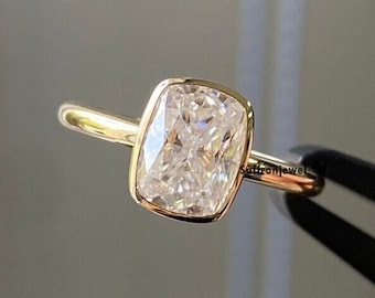 3 CT Elongated Cushion Cut Colorless Engagement Ring, Bezel Set Moissanite Ring, 14K Solid Yellow Gold Wedding Ring, Cushion Solitaire Ring