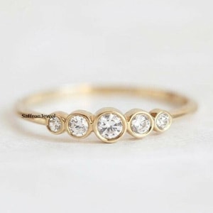 14k Yellow Gold Bezel Set Ring, Five Stone Ring, Round Cut Moissanite Engagement Ring, Five Stone Wedding Ring, Daily Wear Promise Ring