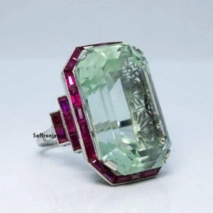 Anello di fidanzamento in stile Art Déco con diamanti e rubino, anello vintage con diamanti taglio smeraldo, anello da cocktail in stile Art Déco antico da donna