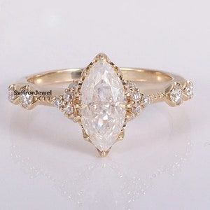 Vintage Inspired Ring, 3 CT Marquise Cut Moissanite Engagement Ring, Solitaire With Accent Ring, Milgrain Wedding Ring, 14K Yellow Gold Ring