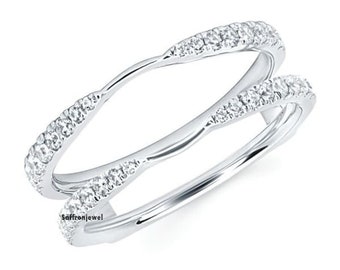 Wrap Guard Ring, Enhancer Moissanite Ring, Round Colorless Moissanite Engagement Ring, Aggie Ring, 10K/14K/18K Solid White Gold Wedding Ring