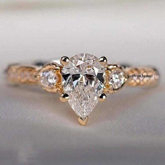 Pear Cut Diamond Engagement Ring Solitaire With Accent Ring Etsy