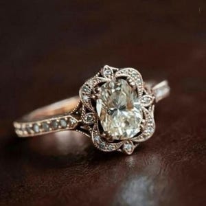 Vintage Milgrain Set Ring, 2 CT Oval Cut Colorless Moissanite Engagement Ring, Antique Filigree Wedding Ring, 14K Rose Gold Ring For Women