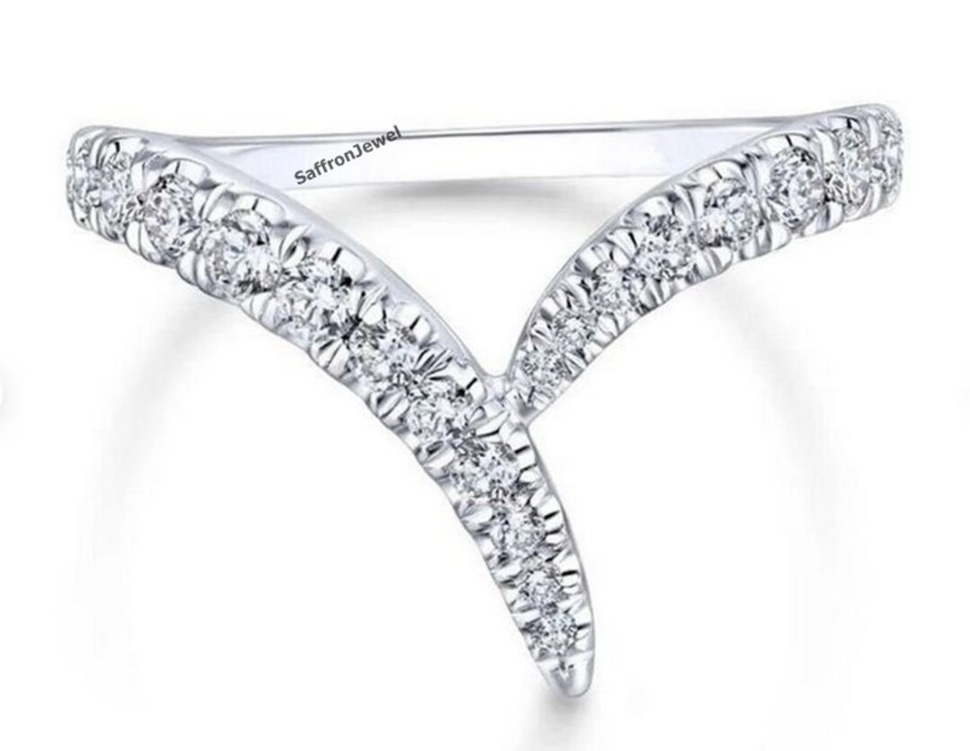 Deep V Shape Ring, Round Colorless Moissanite Engagement Ring, Wedding