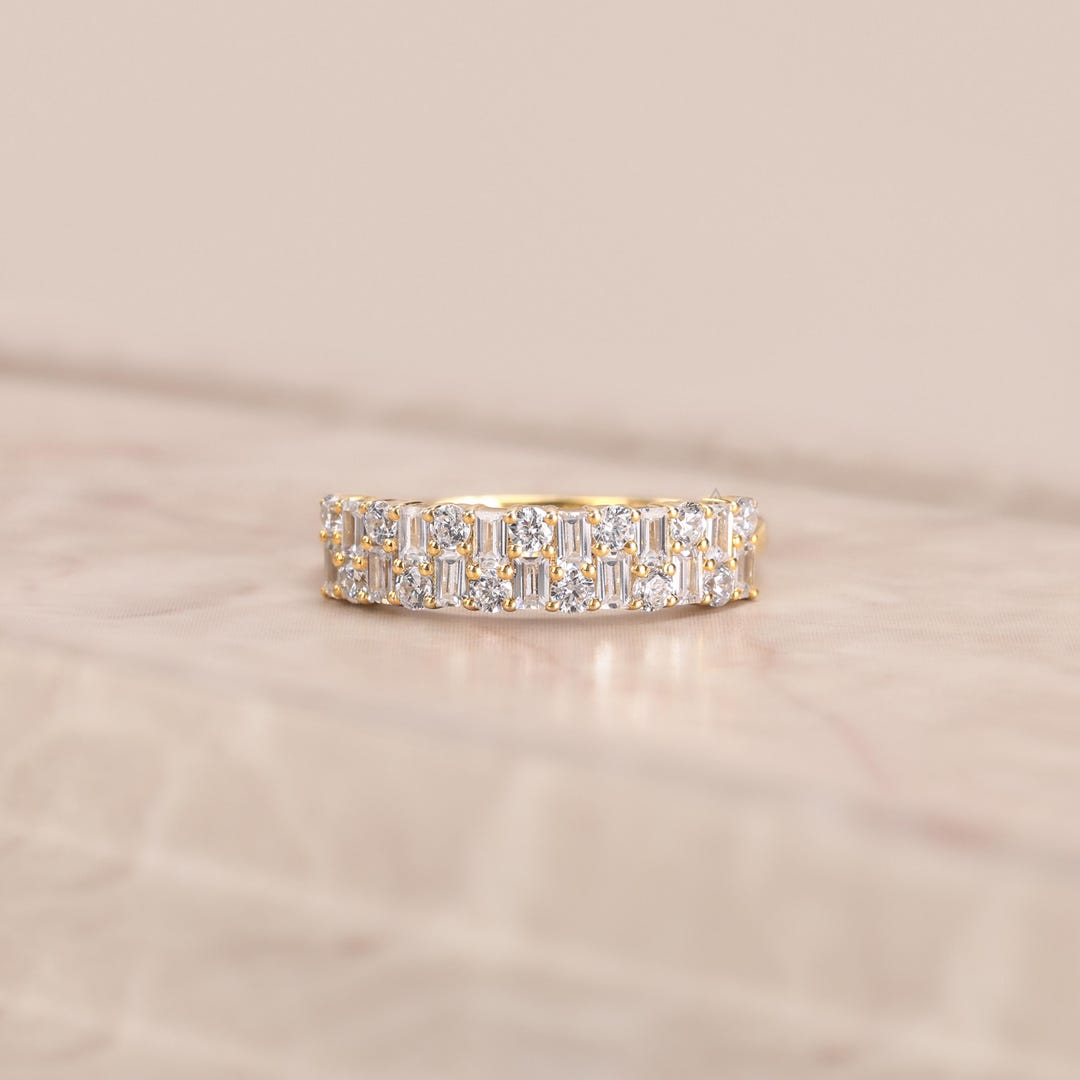 14K Yellow Gold Diamond Wedding Band, Emerald and Round Half Eternity ...