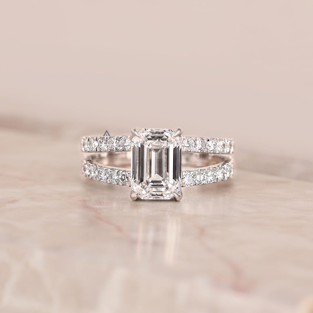 Emerald Cut Lab Grown Diamond Engagement Ring, Split Shank Pave Ring ...