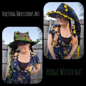 May include: Two images of a handmade witch hat. The hat is black with yellow and blue accents, and a long, pointed tip. The brim is decorated with yellow flowers. The text "Hedge Witch Hat" is visible.
