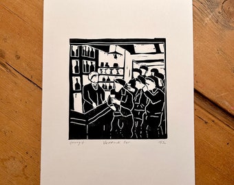 Linogravure « Vendredi soir », bistrot breton