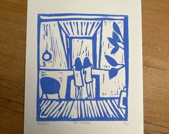 Linocut “Through the window”, twin sisters