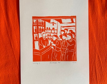 Linocut “Friday evening”, Breton bistro