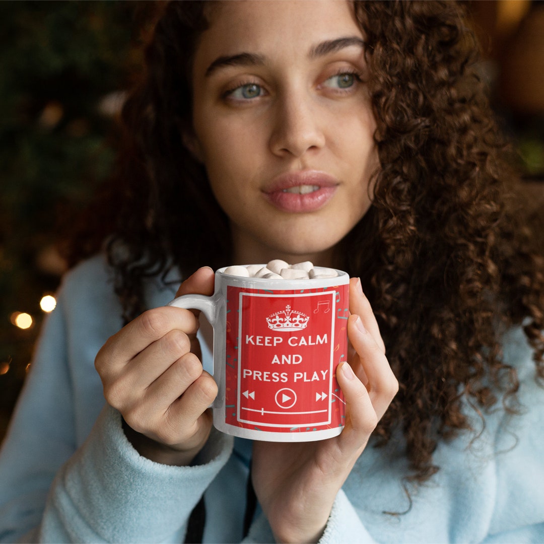 Keep Calm and Press Play Mug, Multicoloured Teacup, Musical Notes,
