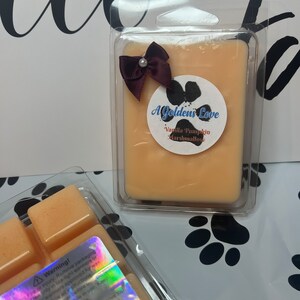 May include: Two wax melts in clear plastic containers. The wax melt on the left is a four-square melt with a light brown color. The wax melt on the right is a single square melt with a light orange color. The wax melt on the right has a burgundy bow with a pearl in the center. The wax melt on the right has a white label with the text "A Golden's Love" and "Vanilla Pumpkin Marshmallow".