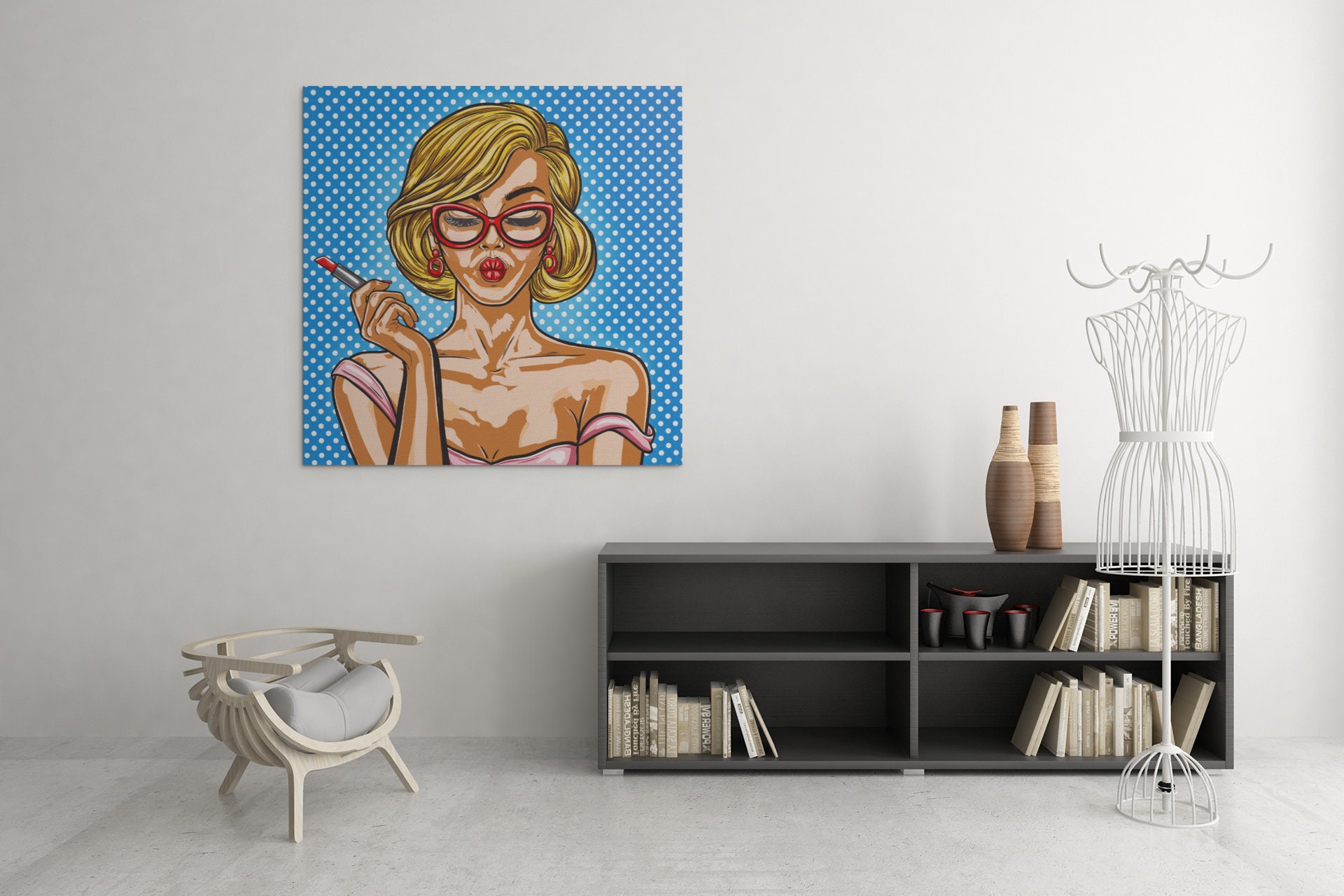 Tableau Visage Femme Pop Art, Tableau Portrait Design Se Met Rouge à Lèvres, Woman Art Canva, Livrai