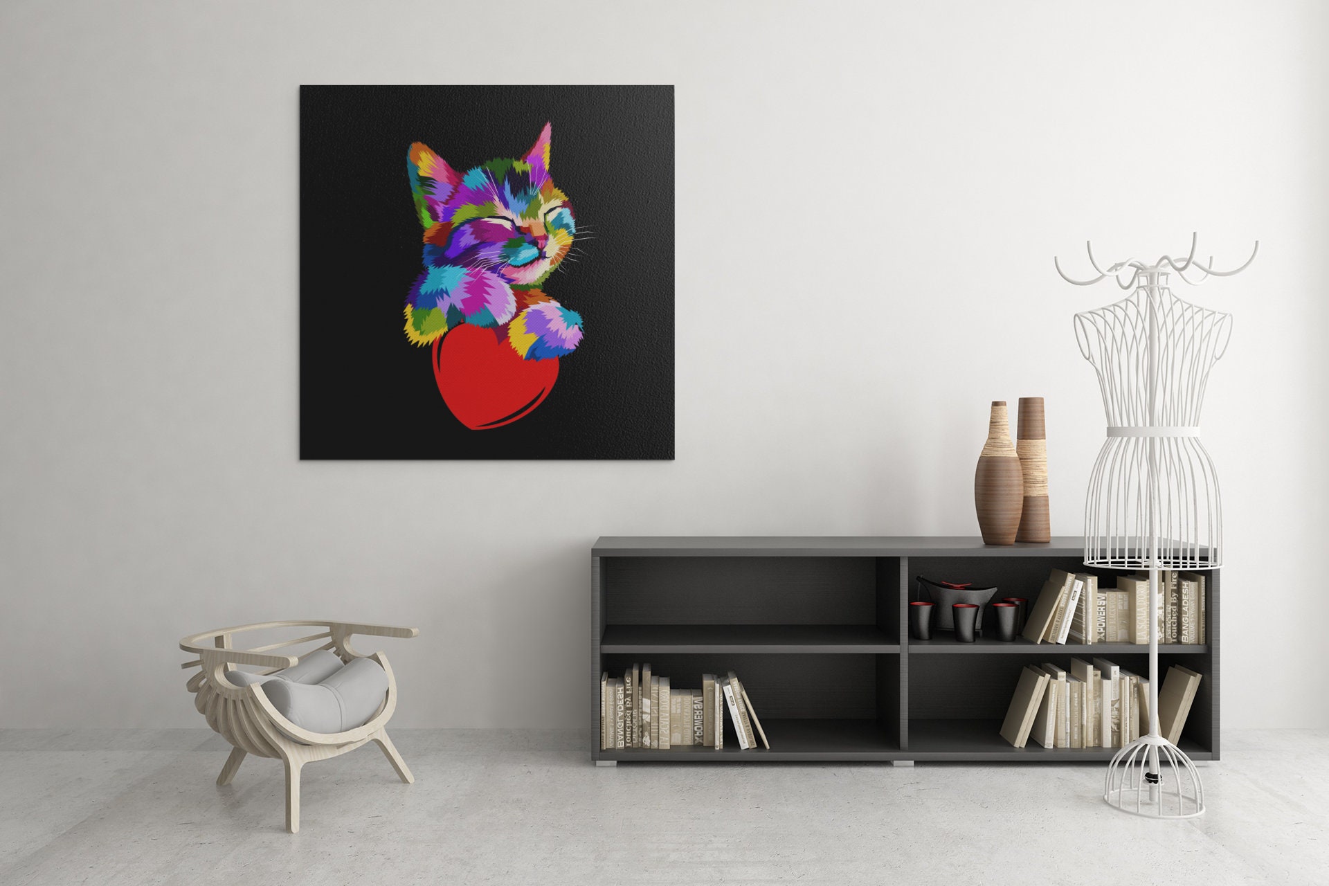 Tableau Chat Mignon Pop Art, Tableau Animaux avec Coeur, Cat Art Painting, Livraison Gratuite