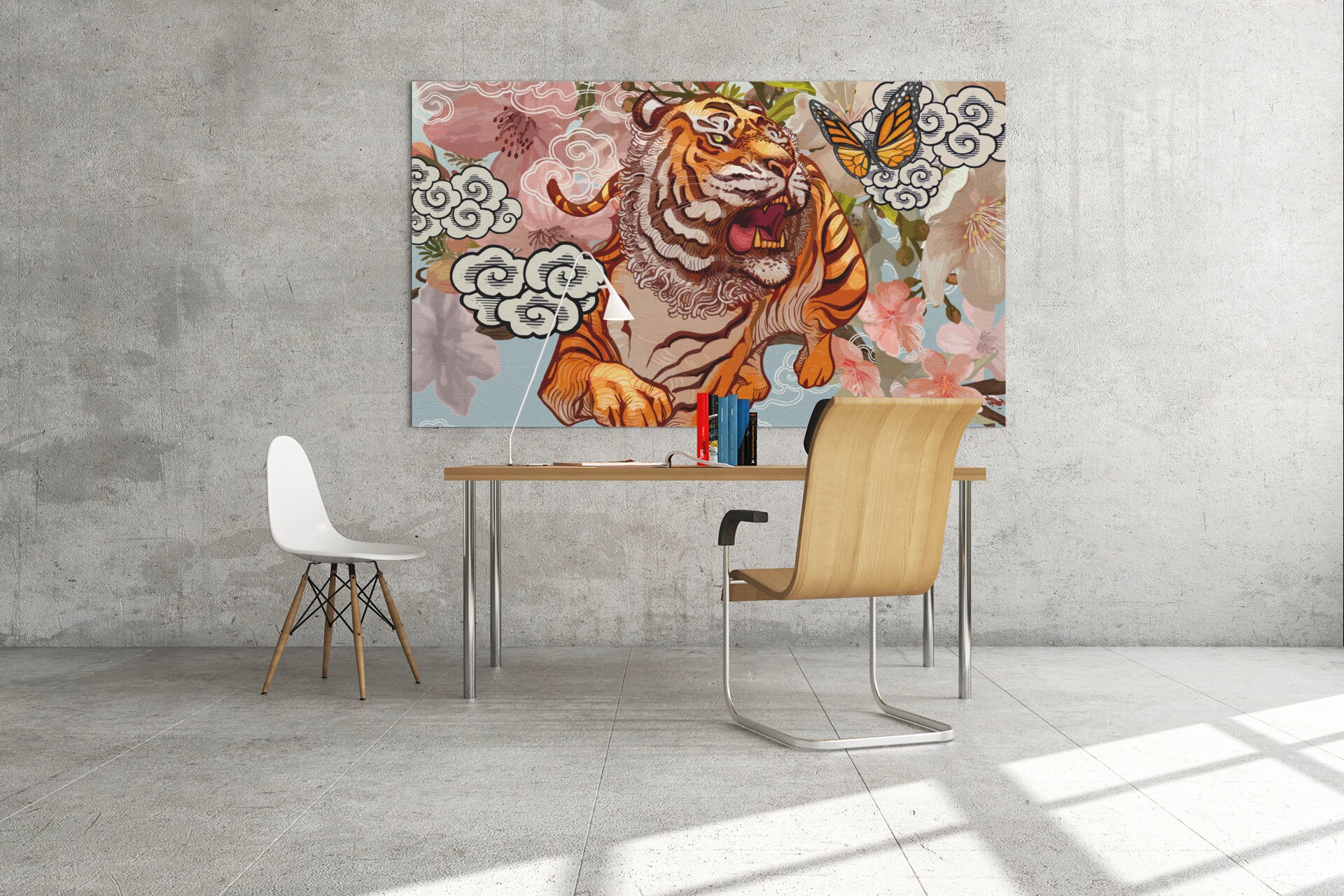 Tableau Tigre et Papillon Fleurs de Cerisier, Tableau Japonais, Art Mural, Impression sur Toile, Liv