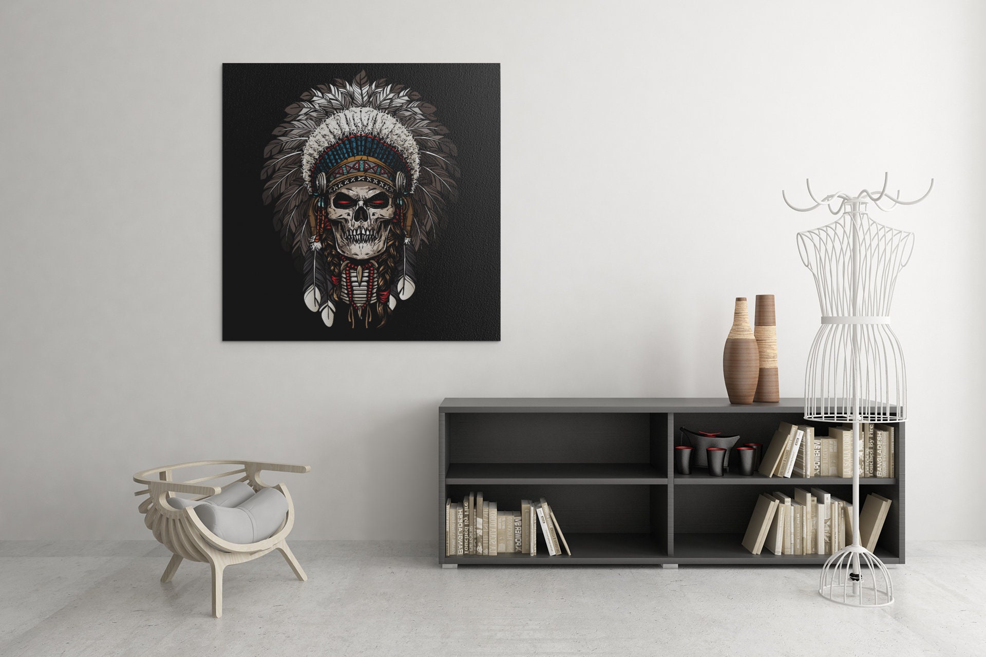 Tableau Tête de Mort, Mort Guerrier Indien, Tableau Art Multicolore, Mural, Impression sur Toile, Li