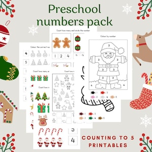 Christmas preschool counting activities, printable festive early years maths, numbers to 5 worksheets, Early years number recognition.