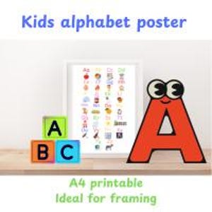 Póster colorido del alfabeto para niños, tamaño A4 imprimible, ideal para enmarcar y colgar, arte de pared educativo para dormitorios infantiles, letras e imágenes.