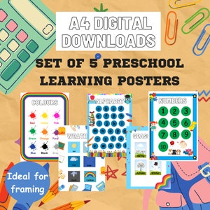 Conjunto de 5 carteles de aprendizaje preescolar A4: números, alfabeto, clima, estaciones, colores. Arte de pared colorido para dormitorio infantil imprimible. Aprendiendo.