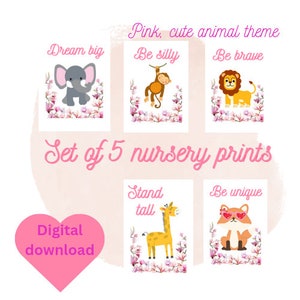 Cute, pink pastel nursery decor. Flowers, animals, positive affirmations for kids. Printable pastel wall art for the bedroom.