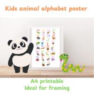 Lindo póster del alfabeto animal, arte de pared educativo colorido para niños, A4 imprimible ideal para enmarcar y colgar, dormitorio infantil y sala de juegos.