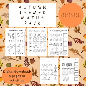 Arbeitsblätter für Herbstthemen in Mathe und Mathematik. Druckbare Zahlen erkennen, zählen, ausschneiden, färben und passenden. Frühe Jahre.