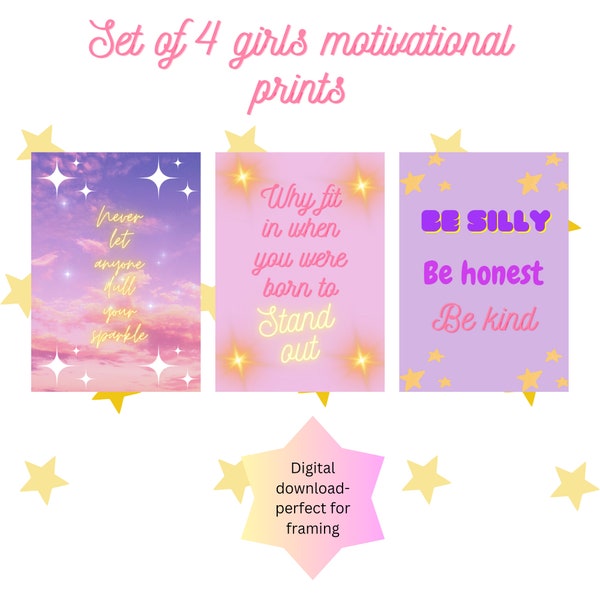 Set of 3 pink and purple girls motivational prints. Digital prints ideal for framing on a girls bedroom wall. Cute, calming inspirational.