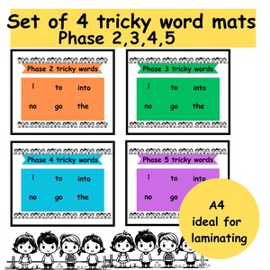 Può includere: Set di quattro tappetini di parole colorati per imparare le parole difficili nelle fasi 2, 3, 4 e 5. Ogni tappetino presenta le parole 'I', 'to', 'into', 'no', 'go' e 'the' in un colore diverso.