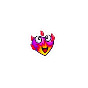 Könnte beinhalten: Ein Cartoon-Herz mit Flammen, großen Augen und einem breiten Lächeln. Das Herz ist rosa, gelb und orange.