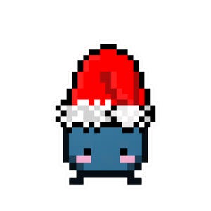 May include: Pixel art sticker of a blue creature wearing a red Santa hat with white trim. The creature has small pink cheeks and black feet. The sticker is designed with a pixelated aesthetic, ideal for festive decorations or presents.