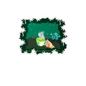 Puede incluir: Adhesivo con una ilustración pixelada de una mano sosteniendo una taza de té verde humeante. El fondo muestra una escena nocturna con un castillo y el texto "My mind is empty and free to wander..." en un borde decorativo.