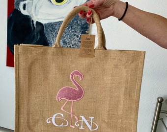 Shopper jute bag Desired initials with Flamingo application