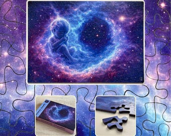 Puzzle en bois « Berceau cosmique » | 336 pièces uniques et fantaisistes | Puzzle d'art contemporain | Cadeau apaisant pour les amateurs de puzzles