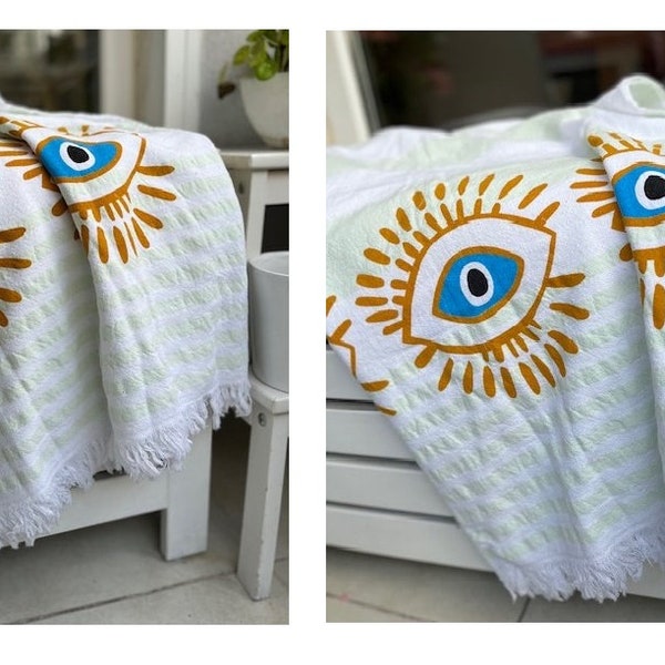 Evil Eye Printed Women Cotton Beach Towel, Soft Turkish Peshtemal, Best Pool Pareo , Swimwear Cover up , Soft Bath Towel,Turkish Peshtemal