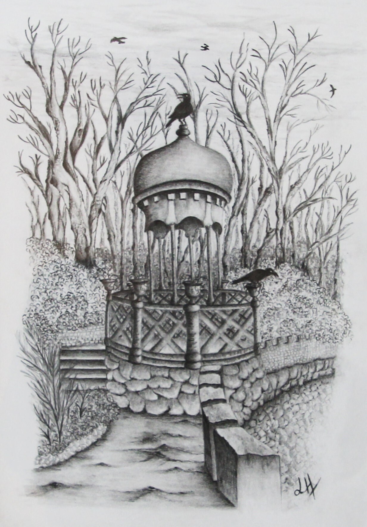 Cadre Dessin Graphite - Kiosque Aux Corbeaux Œuvre Originale