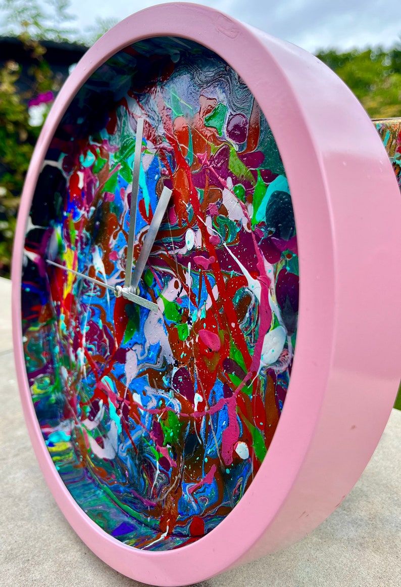 Drip painted clock, graffiti clock, painted clock, design your own sculpture, contemporary sculpture, modern sculpture, colourful clock image 4