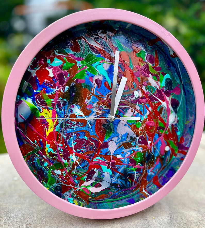 Drip painted clock, graffiti clock, painted clock, design your own sculpture, contemporary sculpture, modern sculpture, colourful clock image 2